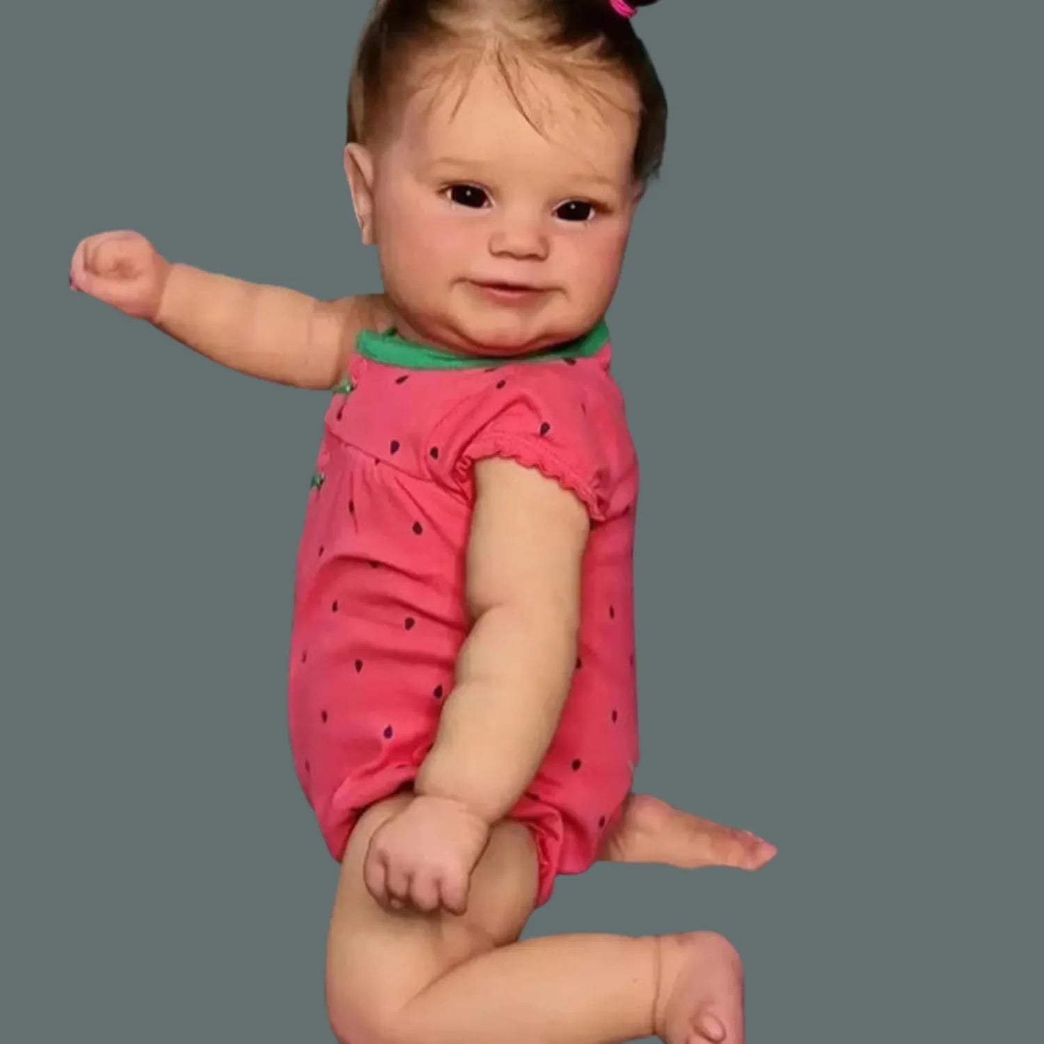 Close-up frontal do rosto da Bebê Reborn Jéssica, com foco nos olhos acrílicos fixos e expressão