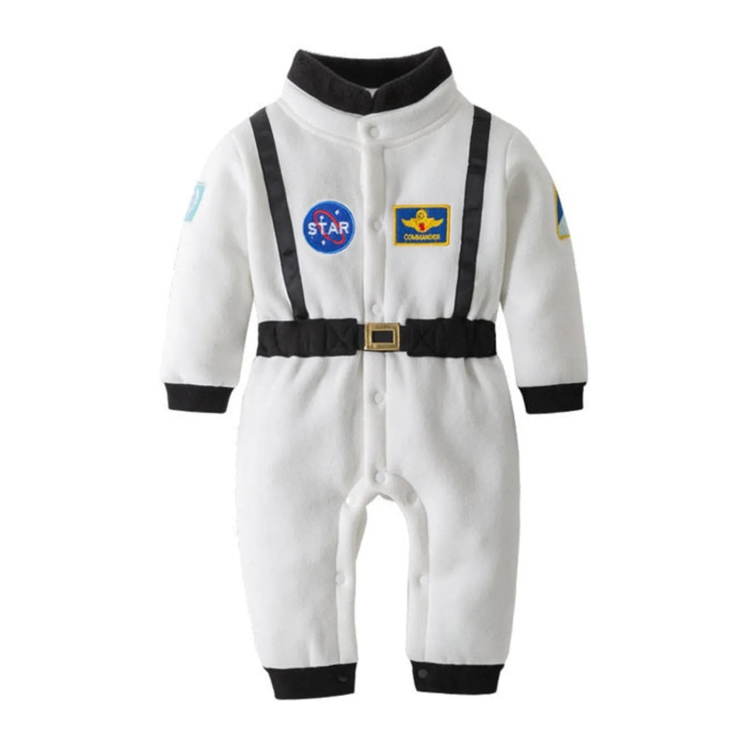Imagem frontal da Fantasia Infantil Bebê Astronauta branca, mostrando o formato completo do macacão