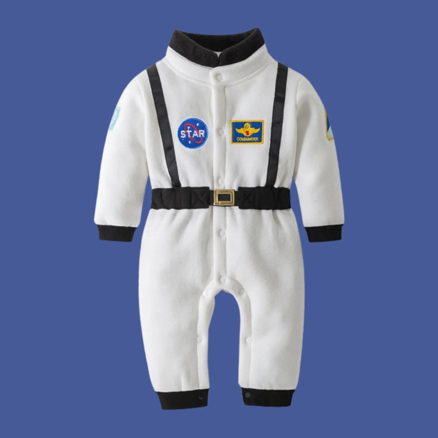 Fantasia Infantil Bebê Explorador Espacial – Astronauta de frente, mostrando o macacão com detalhes autênticos.