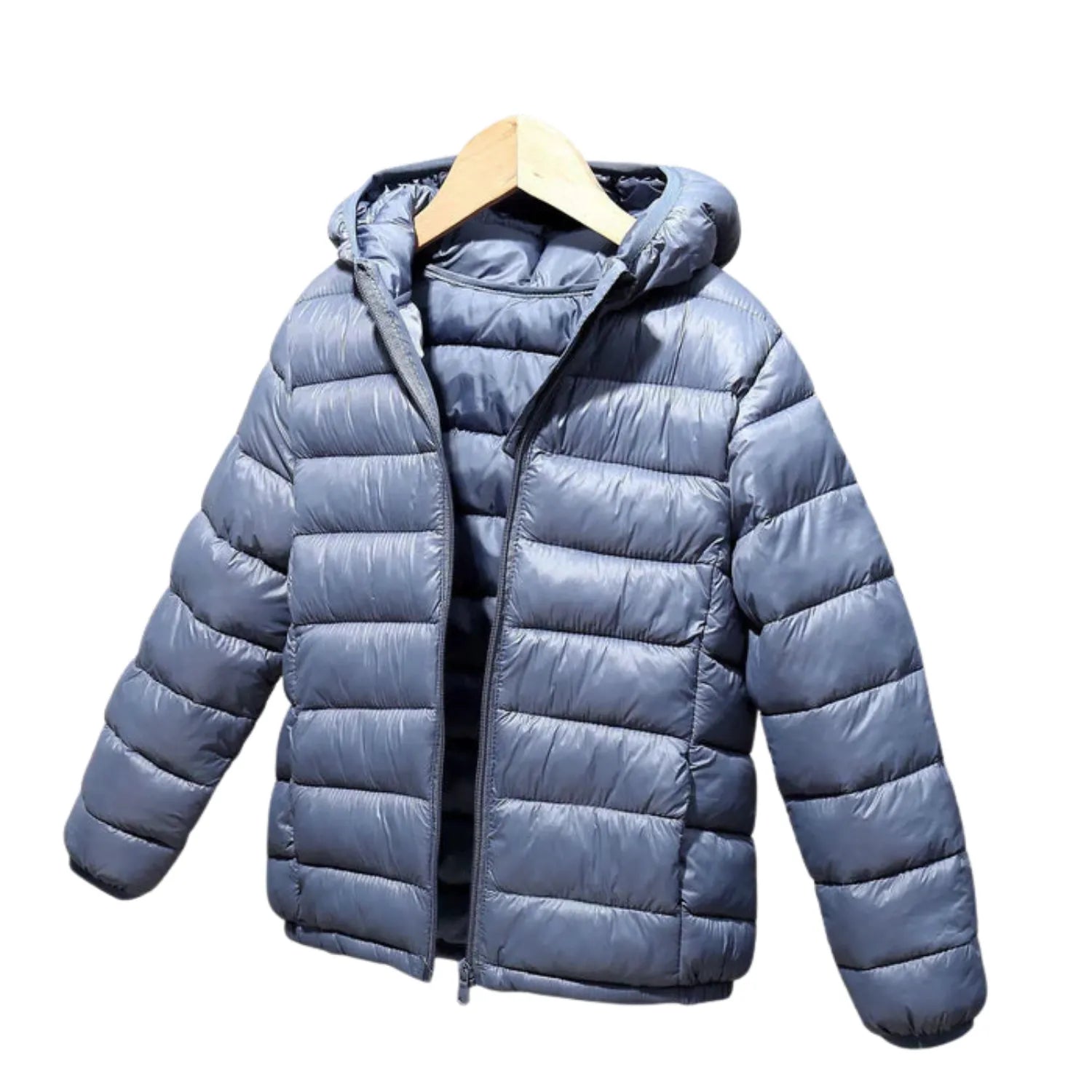 Jaqueta Infantil Puffer Unissex com Capuz na cor cinza, vista frontal.