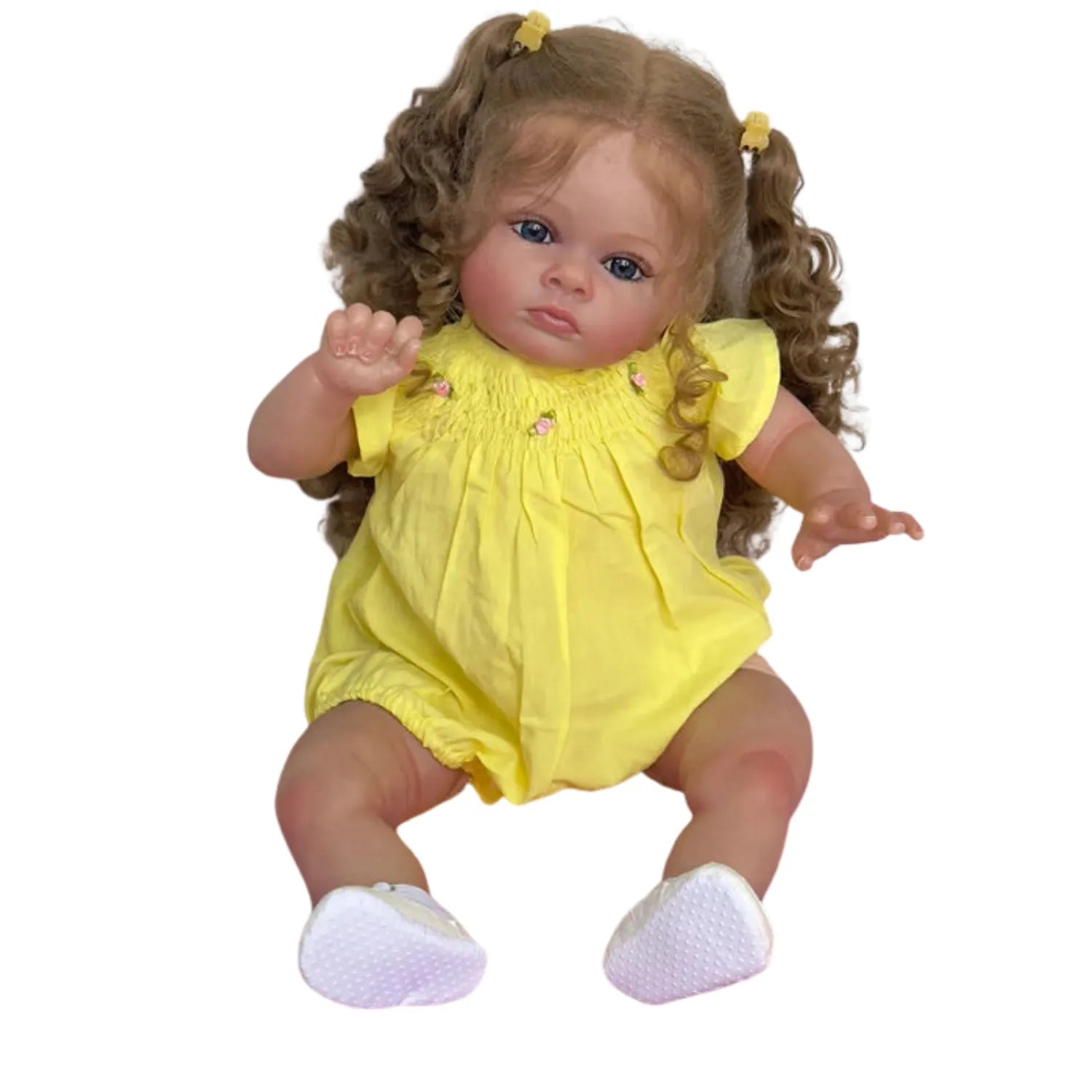 Boneca Bebê Reborn Realista Luana de frente, mostrando o rosto sereno e olhos acrílicos.
