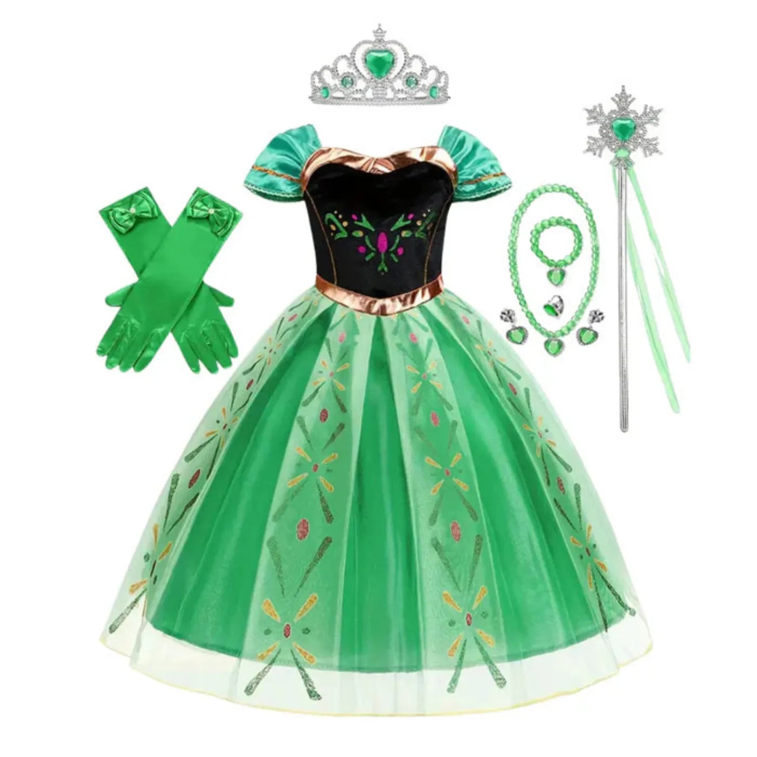 Imagem frontal da Fantasia Princesa Coroação em um cabide, mostrando o caimento completo do vestido e os acessórios