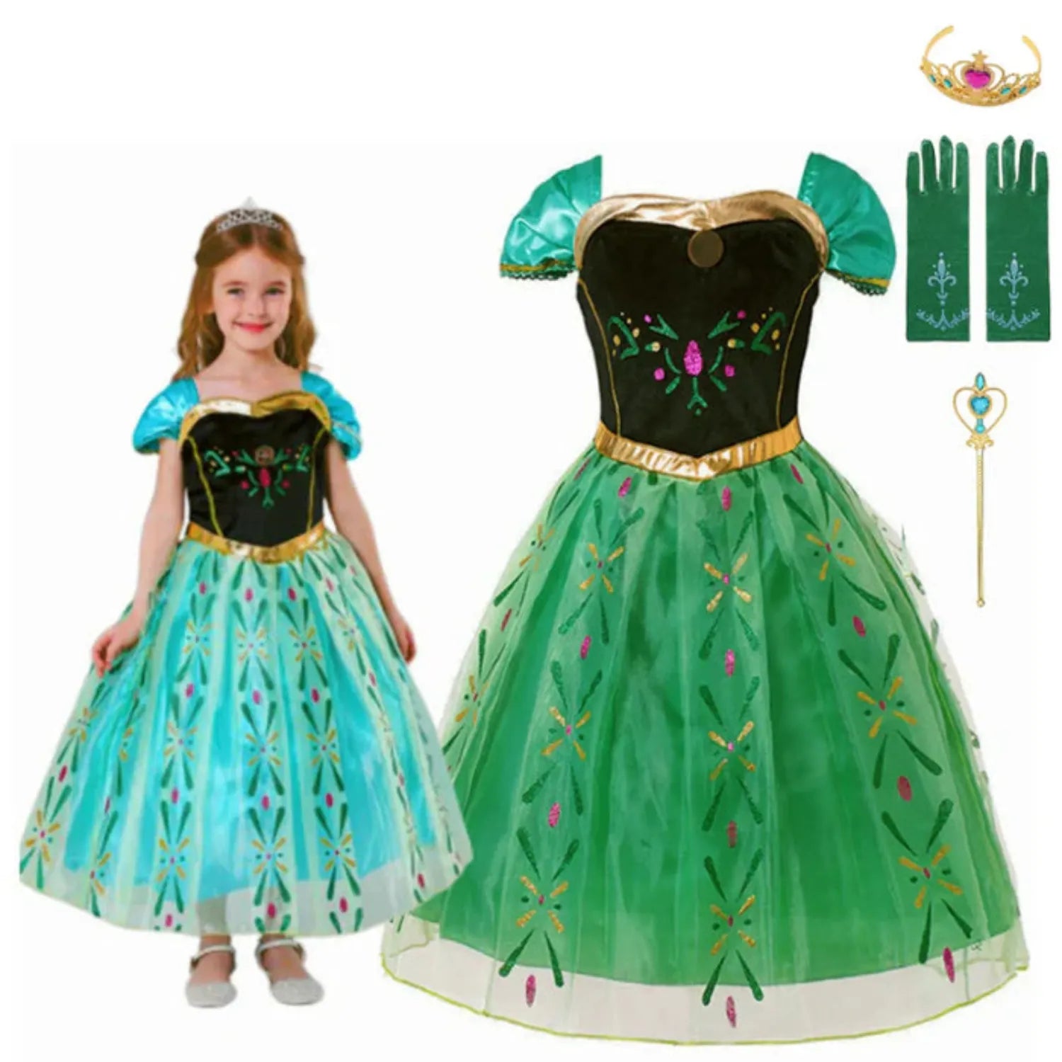 Visão frontal da criança usando o Vestido Princesa Coroação, com coroa, varinha mágica e luva