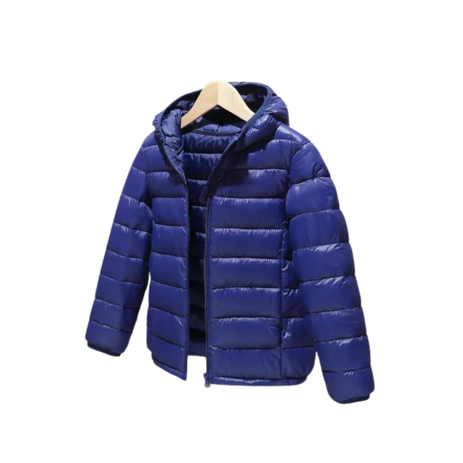 Jaqueta Infantil Puffer Unissex com Capuz na cor Azul, vista frontal.