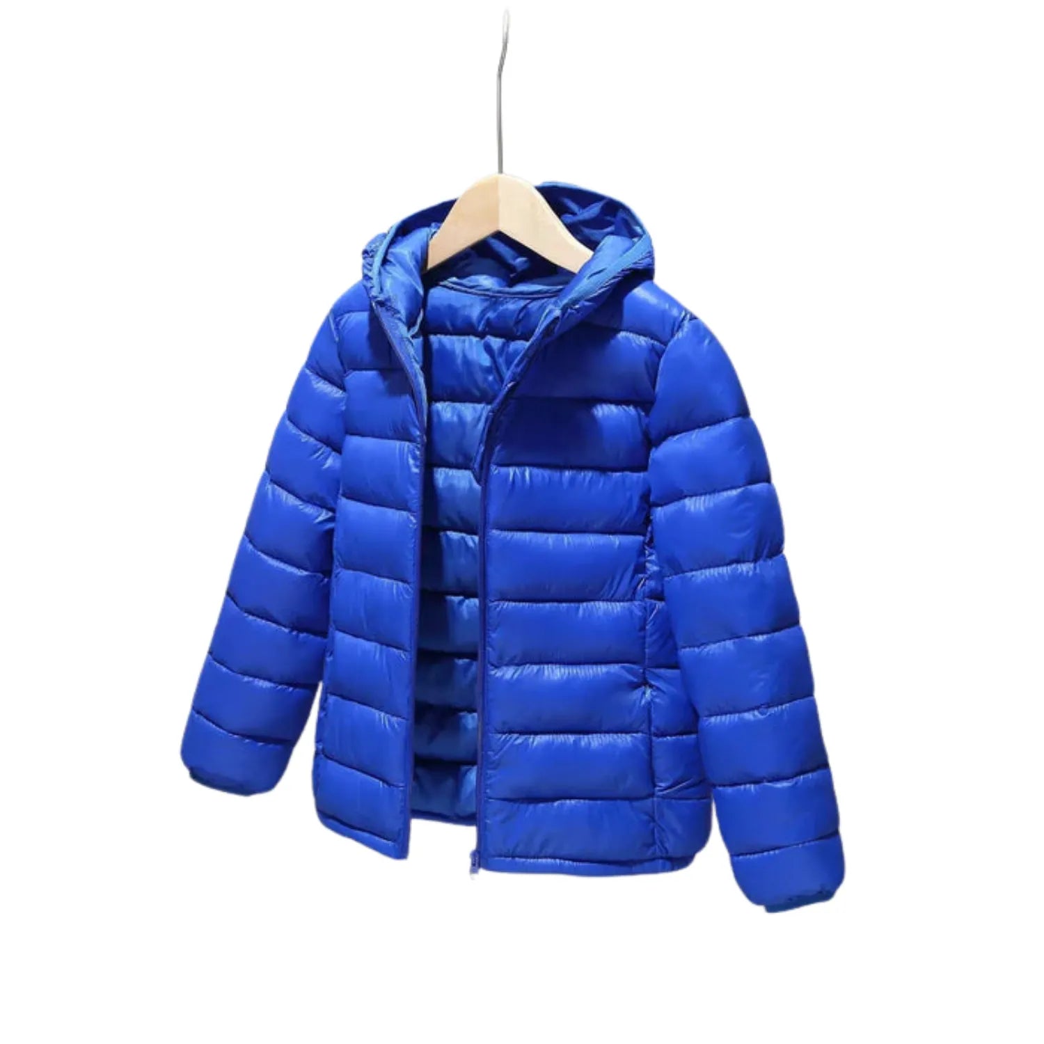 Jaqueta Infantil Puffer Unissex com Capuz na cor Azul royal, vista frontal.