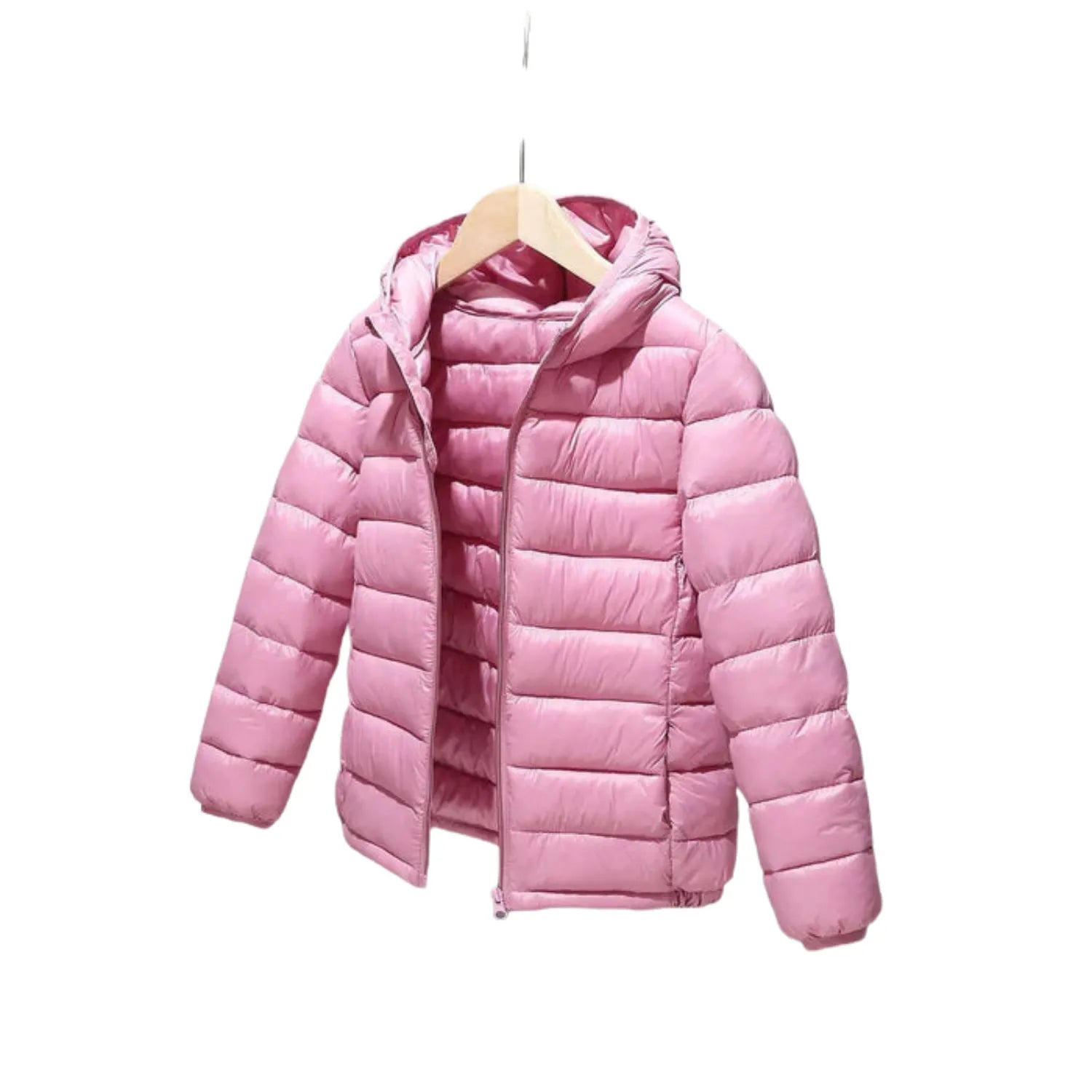 Jaqueta Infantil Puffer Unissex com Capuz na cor lilás vista frontal.